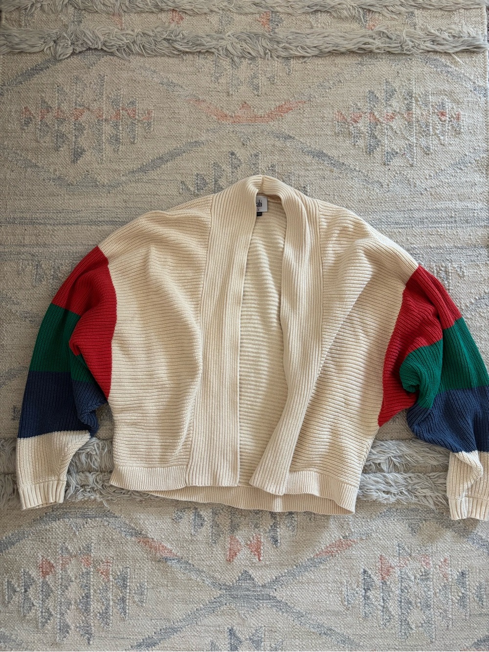 CAbi Cream Open-Front Cardigan with Orange Green & Blue Sleeves